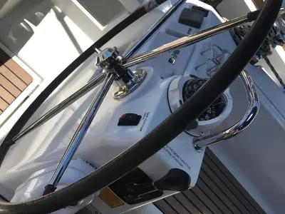 Cockpit of Alboran Gin Tonic, a Beneteau Oceanis 45 sailboat at es Jonquet, Spain