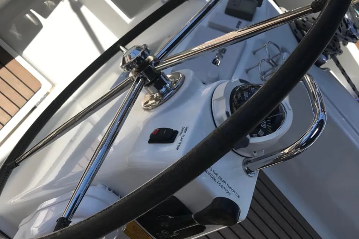 Cockpit of Alboran Gin Tonic, a Beneteau Oceanis 45 sailboat at es Jonquet, Spain