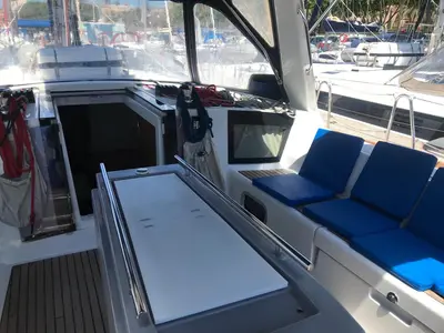Deck of Alboran Gin Tonic, a Beneteau Oceanis 45 sailboat at es Jonquet, Spain
