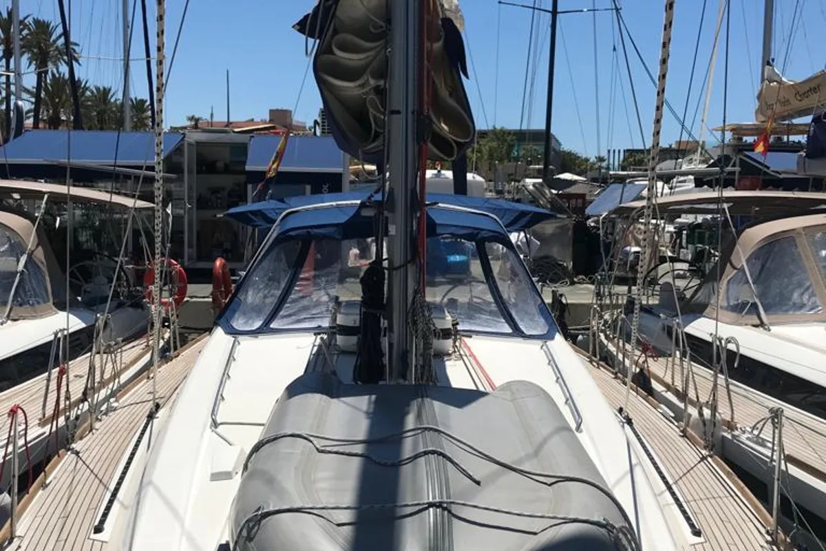 Deck of Alboran Gin Tonic, a Beneteau Oceanis 45 sailboat at es Jonquet, Spain