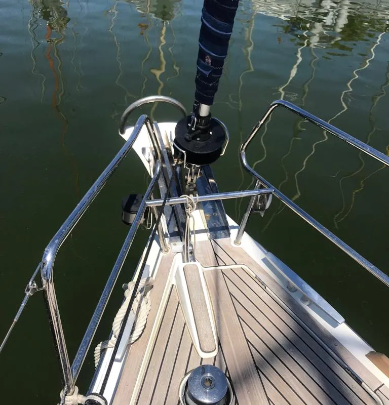 Deck of Alboran Gin Tonic, a Beneteau Oceanis 45 sailboat at es Jonquet, Spain