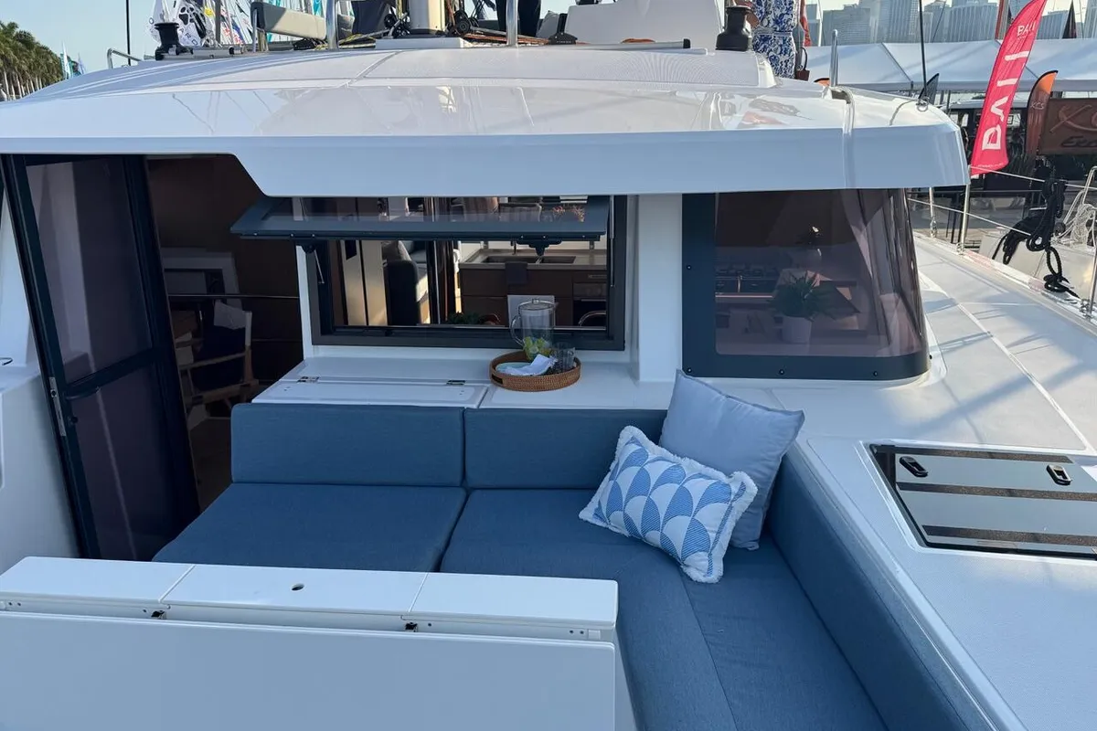 Deck of Rosa Regale, a Bali 4.6 - 4 cab. OW catamaran at Central Abaco, Bahamas