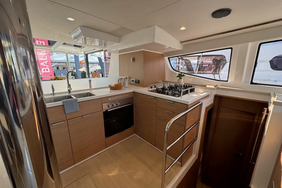 Galley of Rosa Regale, a Bali 4.6 - 4 cab. OW catamaran at Central Abaco, Bahamas