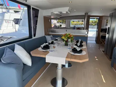 Salon of Rosa Regale, a Bali 4.6 - 4 cab. OW catamaran at Central Abaco, Bahamas