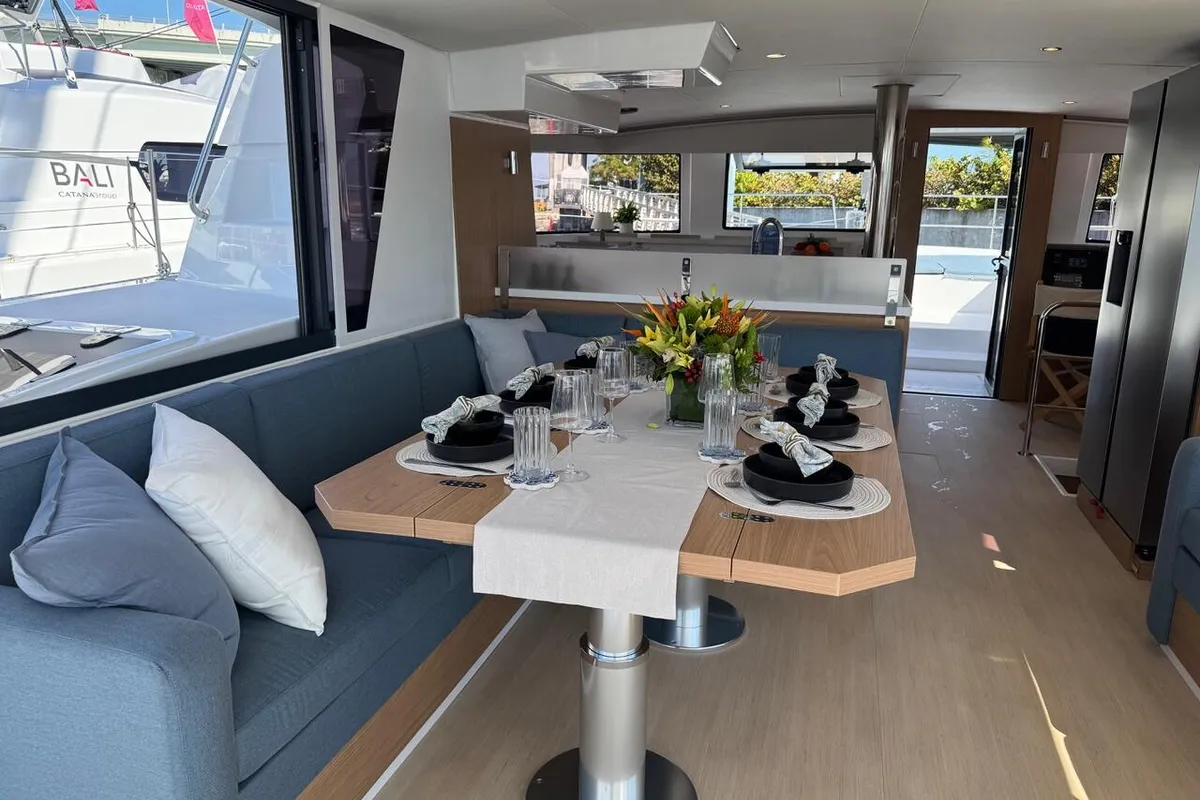 Salon of Rosa Regale, a Bali 4.6 - 4 cab. OW catamaran at Central Abaco, Bahamas