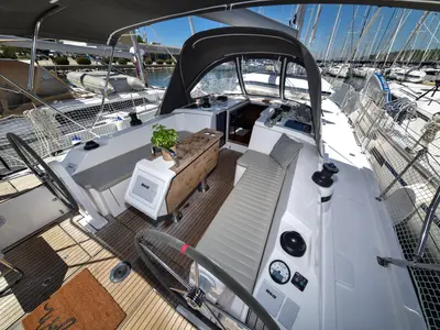Cockpit of Seka VI, a Bavaria C38 sailboat at Sukošan, Croatia