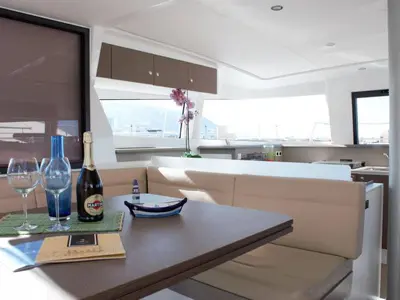 Salon of Fasteam One, a Bali 4.3 catamaran at Castellammare di Stabia, Italy