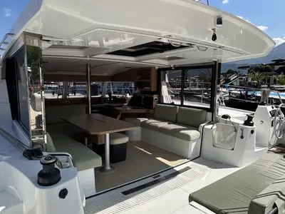 Deck of BAY BREEZE V, a Bali Catsmart catamaran at Đuraševići, Montenegro