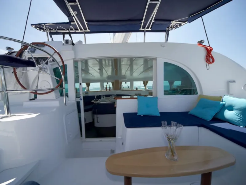 Cockpit of Malvasia, a Lagoon 380 catamaran at Salerno, Italy