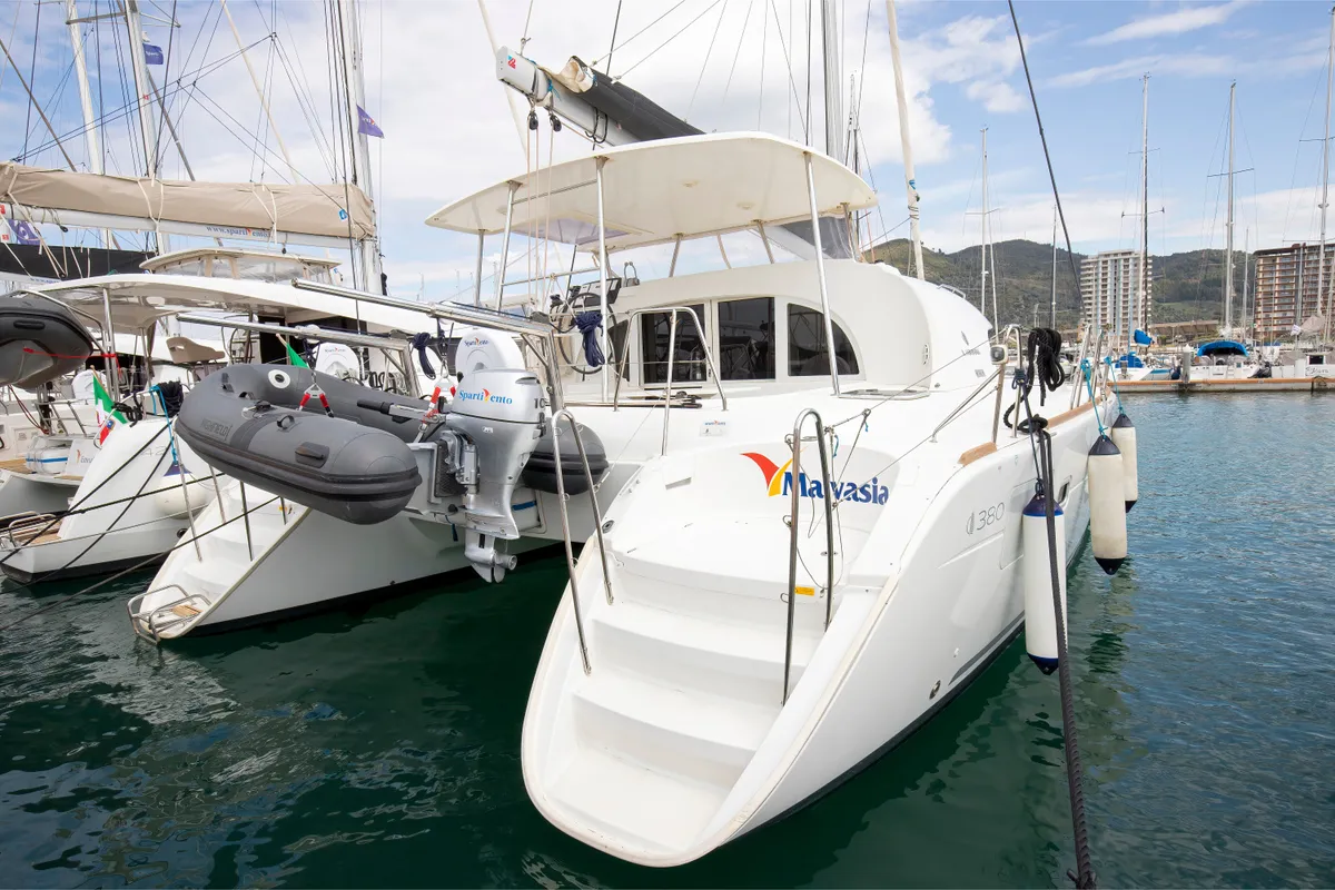 Exterior view of Malvasia, a Lagoon 380 catamaran at Salerno, Italy