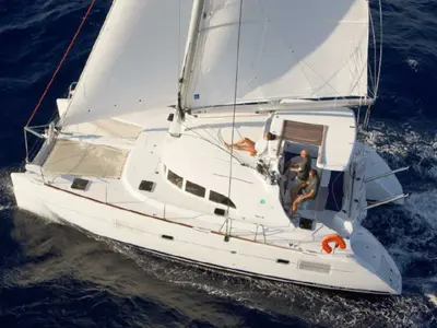 Exterior view of Malvasia, a Lagoon 380 catamaran at Salerno, Italy