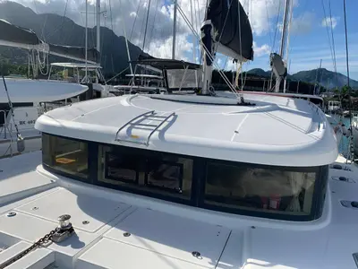 Deck of Last One, a Lagoon 40 catamaran at Pointe-à-Pitre, France