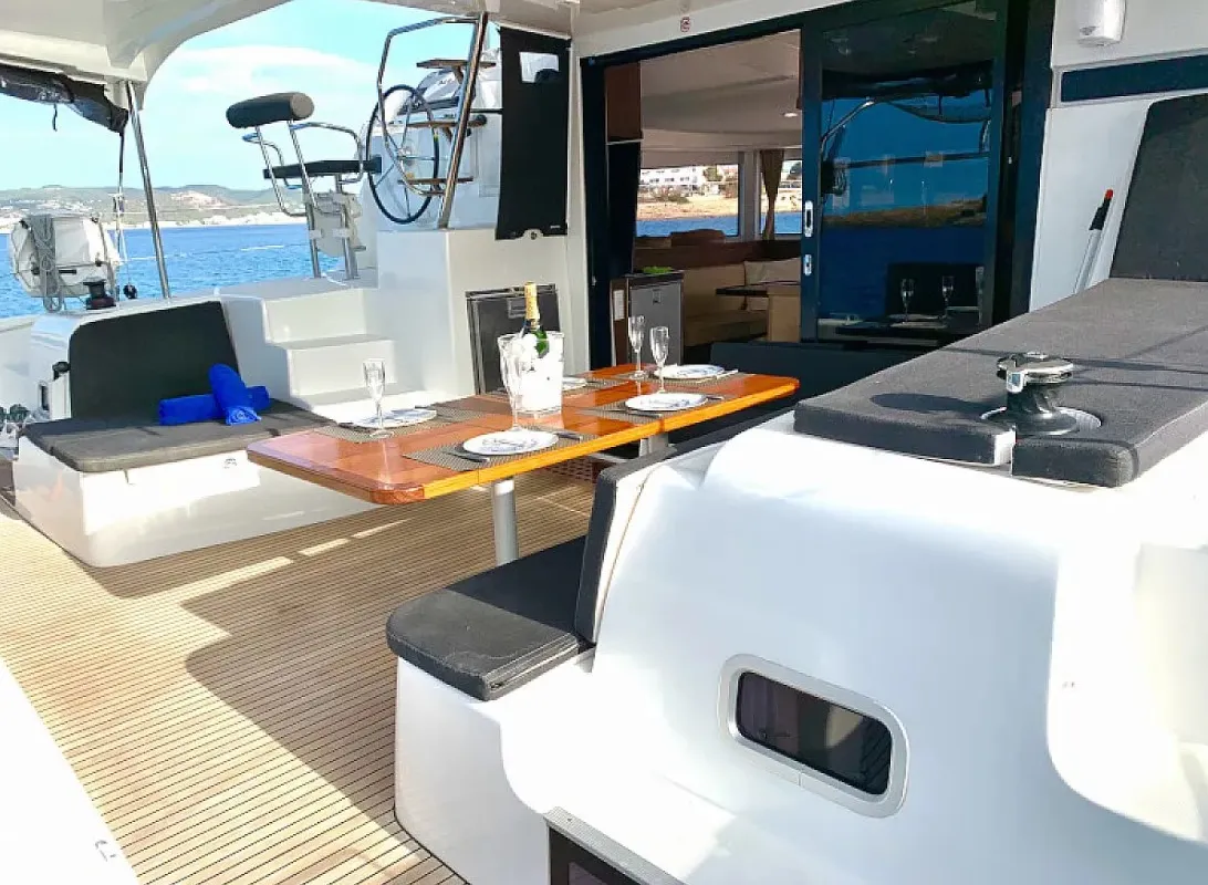 Deck of PASCAL, a Lagoon 42 catamaran at Sant Antoni de Portmany, Spain