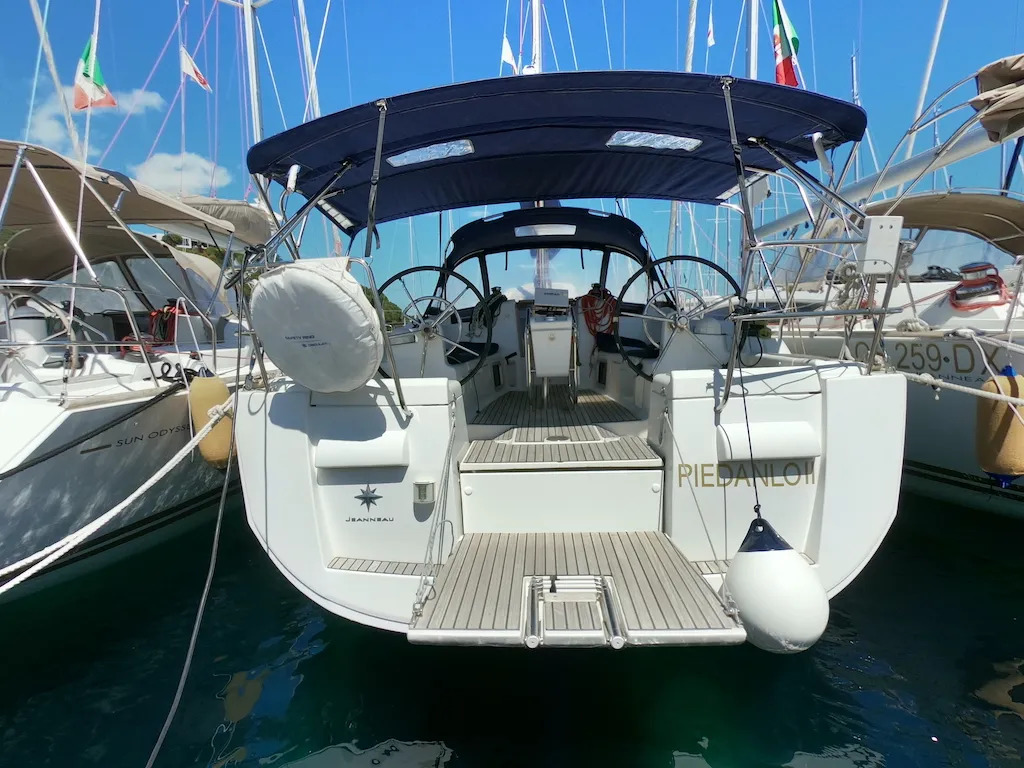 Exterior view of Piedanlo II, a Jeanneau Sun Odyssey 409 sailboat at Olbia, Italy