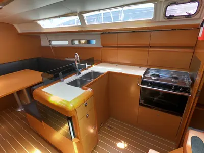 Galley of Piedanlo II, a Jeanneau Sun Odyssey 409 sailboat at Olbia, Italy