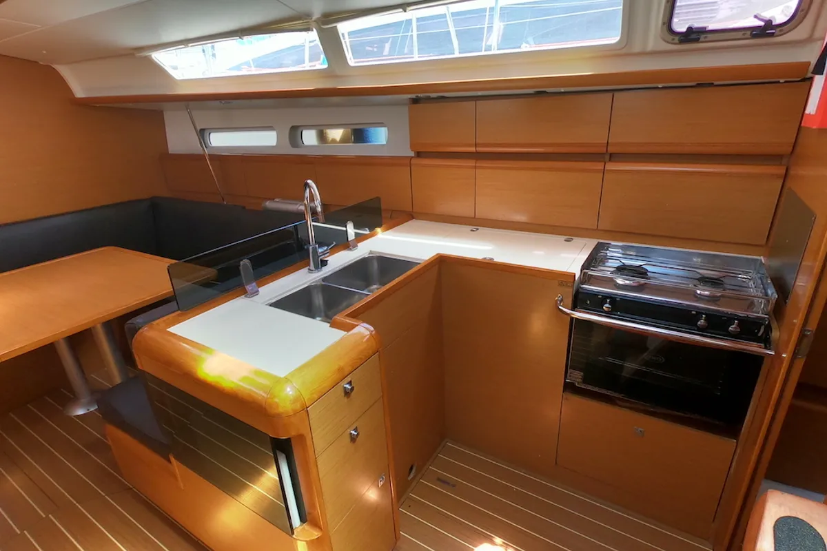 Galley of Piedanlo II, a Jeanneau Sun Odyssey 409 sailboat at Olbia, Italy