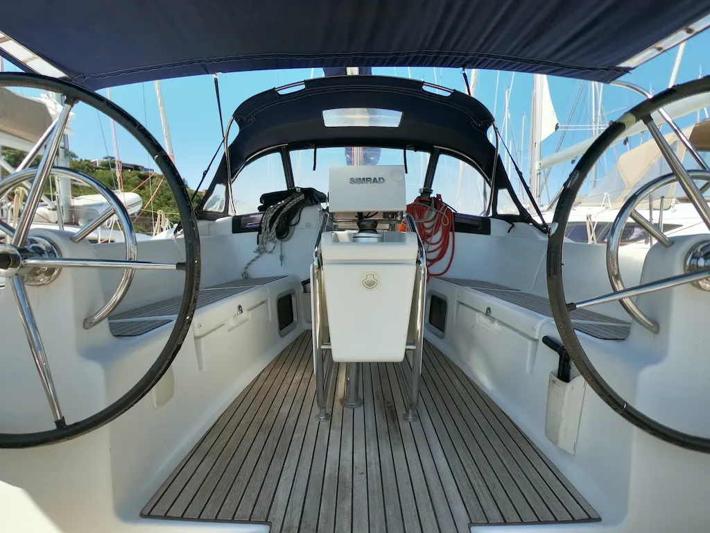 Cockpit of Piedanlo II, a Jeanneau Sun Odyssey 409 sailboat at Olbia, Italy
