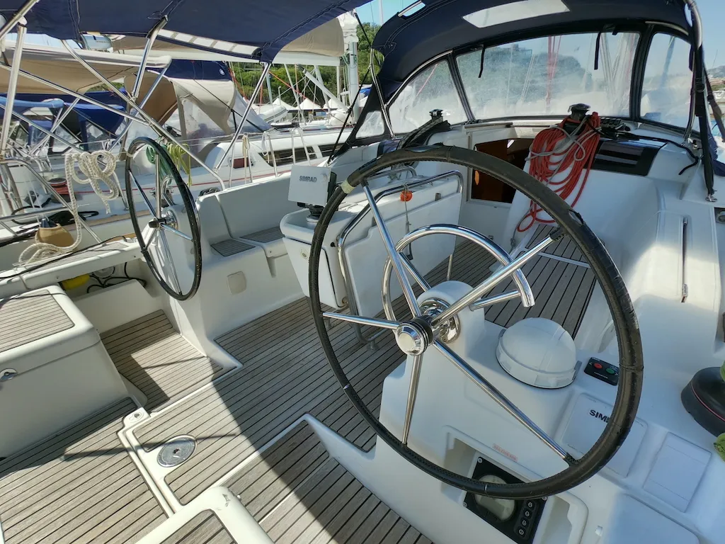 Cockpit of Piedanlo II, a Jeanneau Sun Odyssey 409 sailboat at Olbia, Italy