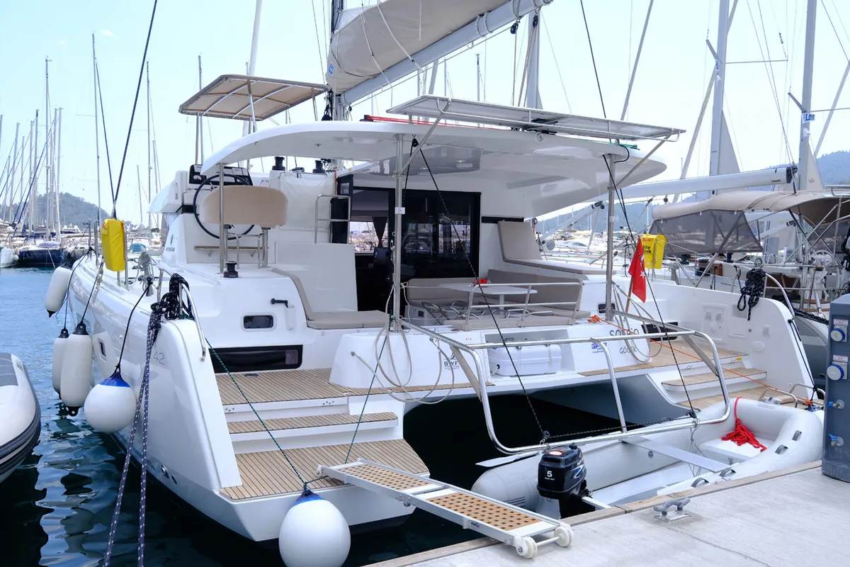 Exterior view of Soffio, a Lagoon 42 catamaran at Fethiye, Turkey