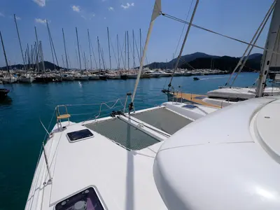 Deck of Soffio, a Lagoon 42 catamaran at Fethiye, Turkey