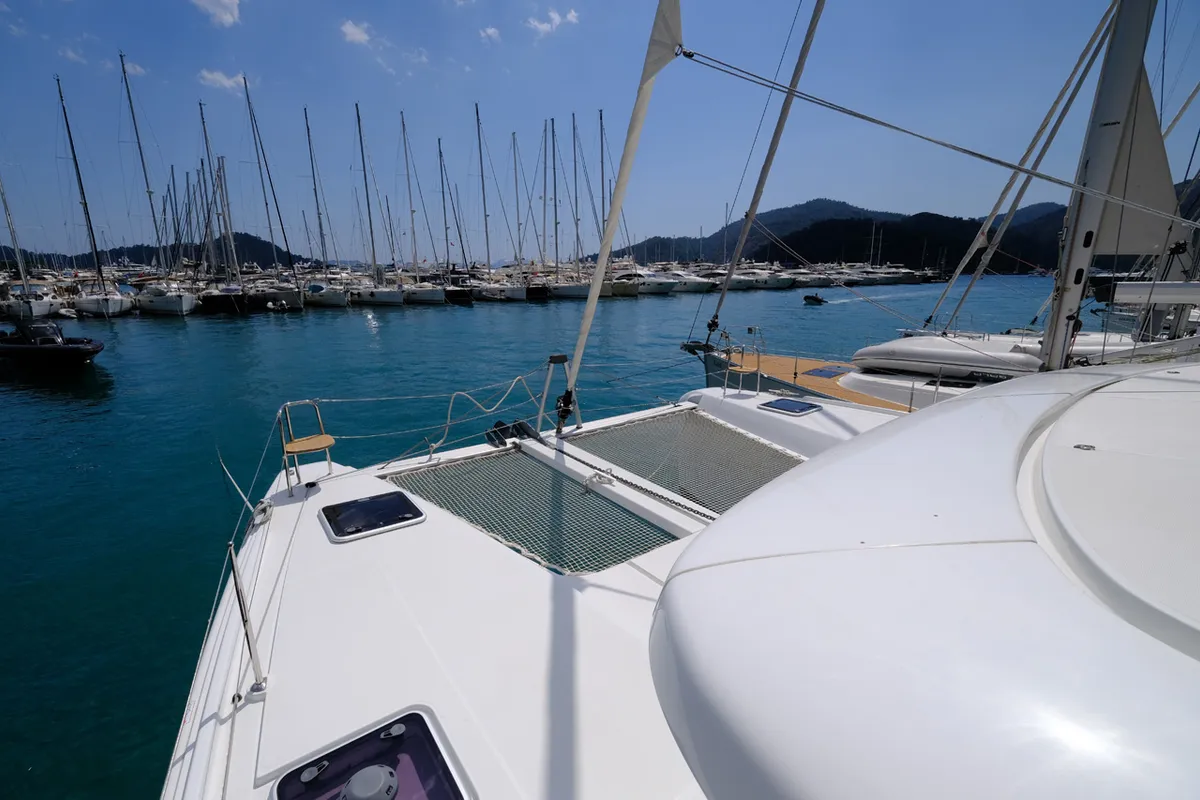 Deck of Soffio, a Lagoon 42 catamaran at Fethiye, Turkey