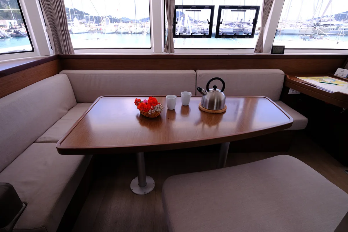 Salon of Soffio, a Lagoon 42 catamaran at Fethiye, Turkey