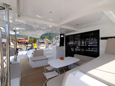 Salon of Soffio, a Lagoon 42 catamaran at Fethiye, Turkey