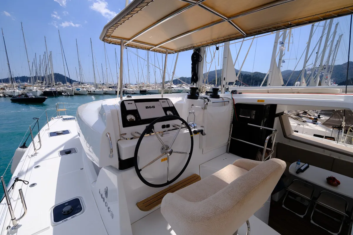 Cockpit of Soffio, a Lagoon 42 catamaran at Fethiye, Turkey