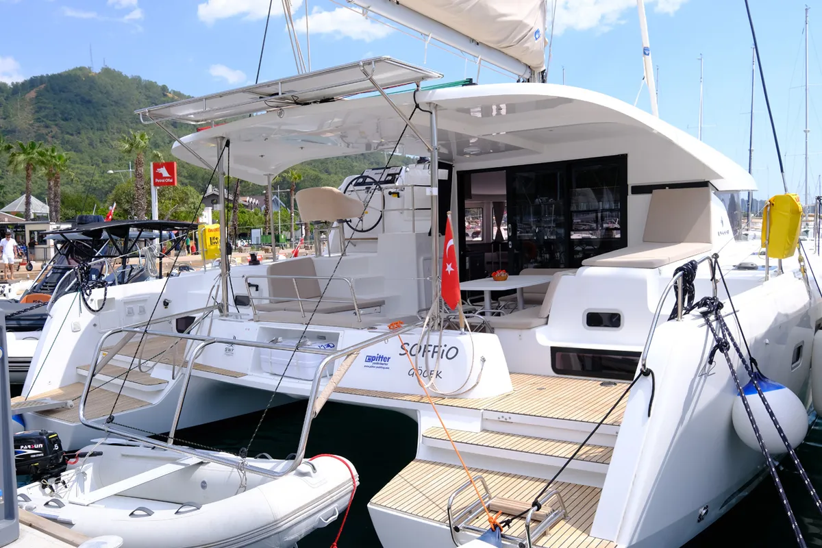 Exterior view of Soffio, a Lagoon 42 catamaran at Fethiye, Turkey