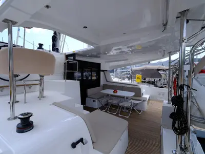 Cockpit of Soffio, a Lagoon 42 catamaran at Fethiye, Turkey