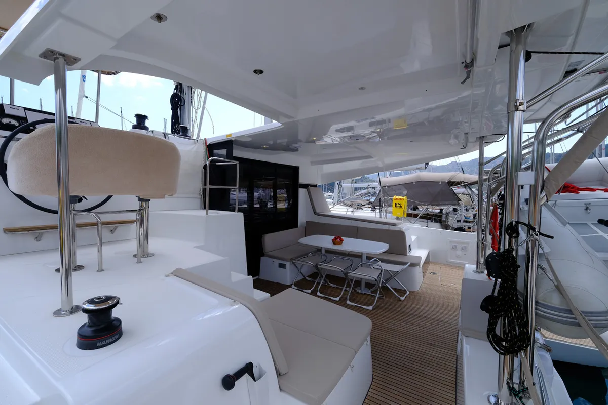 Cockpit of Soffio, a Lagoon 42 catamaran at Fethiye, Turkey