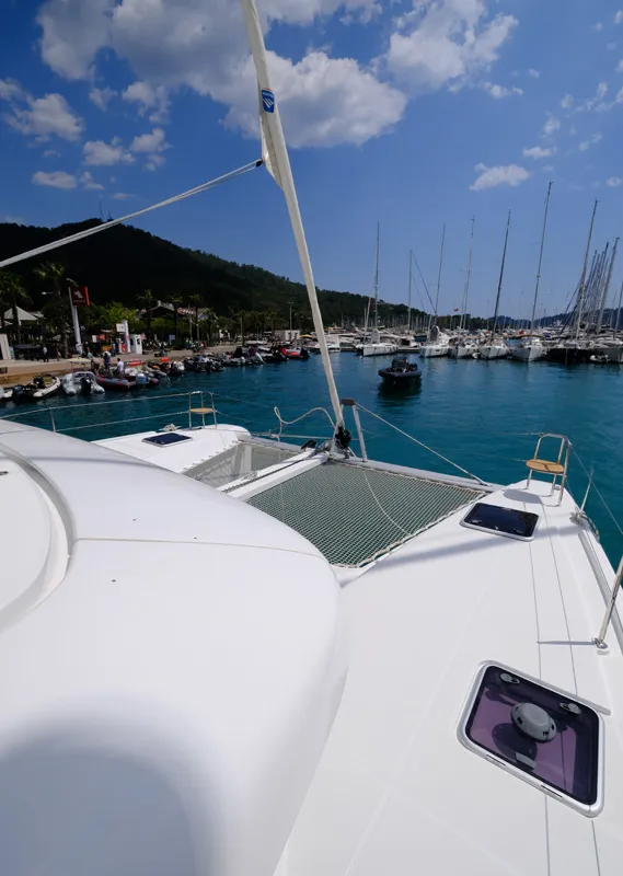 Deck of Soffio, a Lagoon 42 catamaran at Fethiye, Turkey