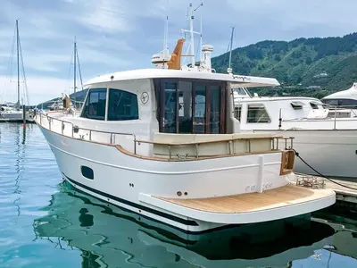 Exterior view of Sasga Yachts Menorquin 34 HT, a motorboat at Sitges, Spain