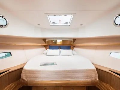 Cabin on Sasga Yachts Menorquin 34 HT, a motorboat at Sitges, Spain