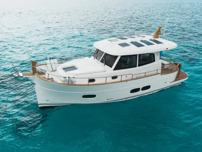 Exterior view of Sasga Yachts Menorquin 34 HT, a motorboat at Sitges, Spain