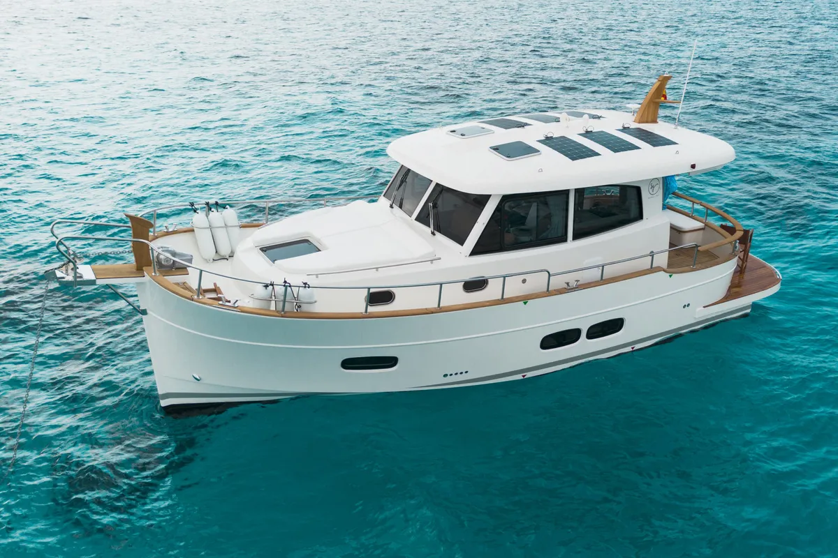 Exterior view of Sasga Yachts Menorquin 34 HT, a motorboat at Sitges, Spain