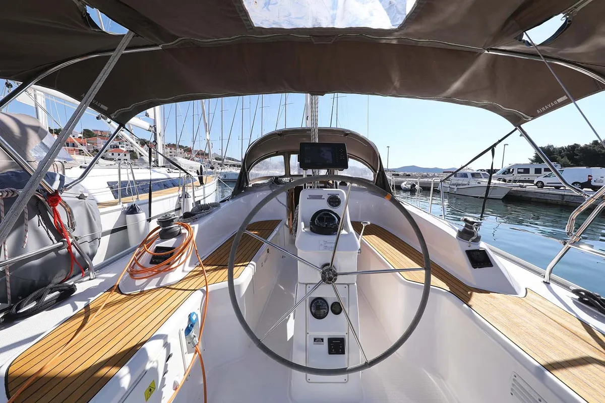 Cockpit of Moja Niska, a Bavaria Cruiser 33 sailboat at Murter, Croatia