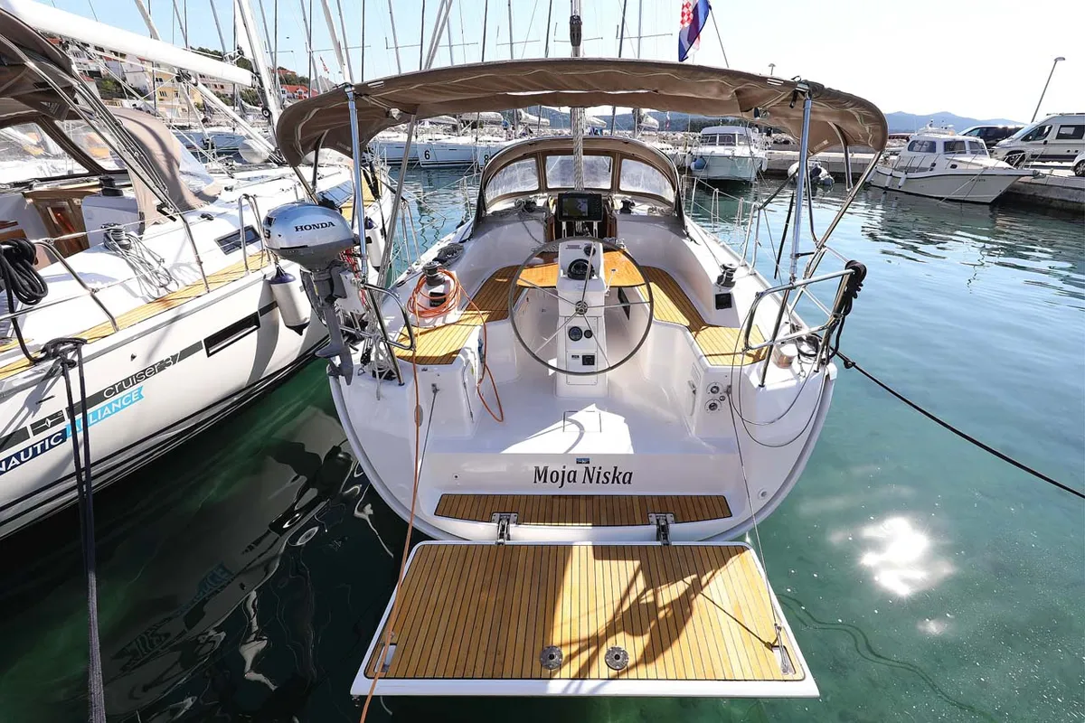 Exterior view of Moja Niska, a Bavaria Cruiser 33 sailboat at Murter, Croatia