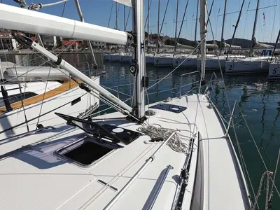 Deck of Moja Niska, a Bavaria Cruiser 33 sailboat at Murter, Croatia