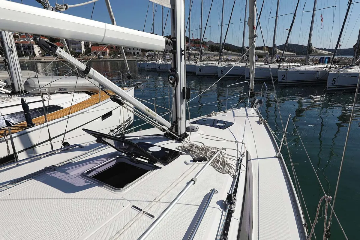 Deck of Moja Niska, a Bavaria Cruiser 33 sailboat at Murter, Croatia