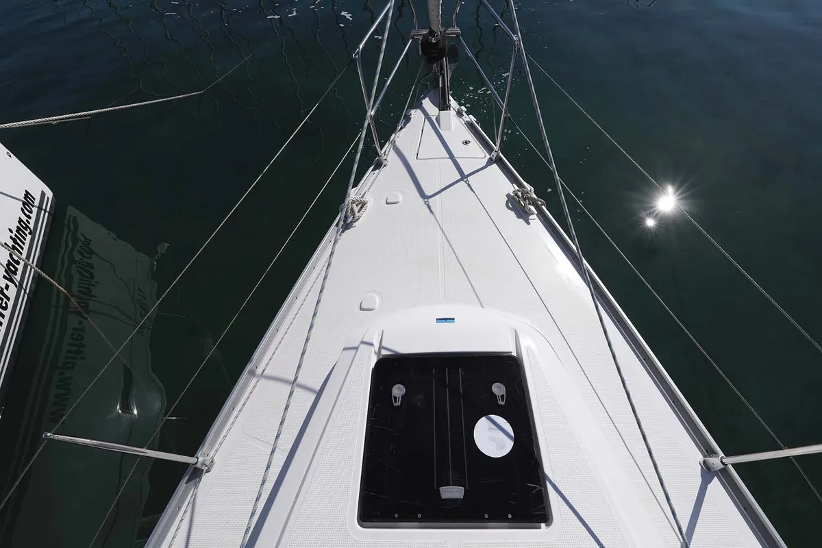 Deck of Moja Niska, a Bavaria Cruiser 33 sailboat at Murter, Croatia