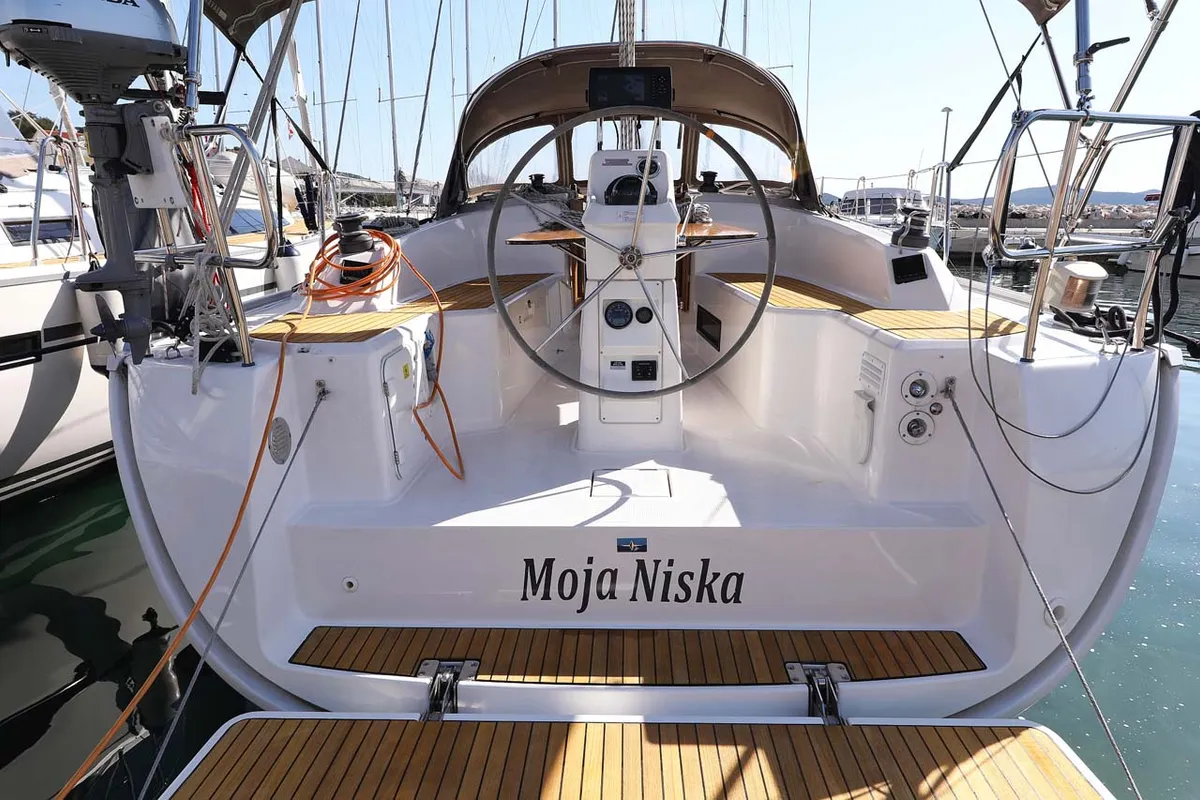 Cockpit of Moja Niska, a Bavaria Cruiser 33 sailboat at Murter, Croatia