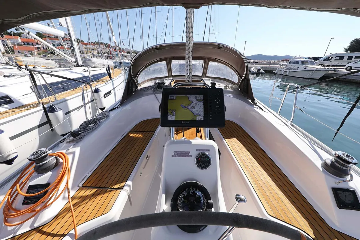 Cockpit of Moja Niska, a Bavaria Cruiser 33 sailboat at Murter, Croatia