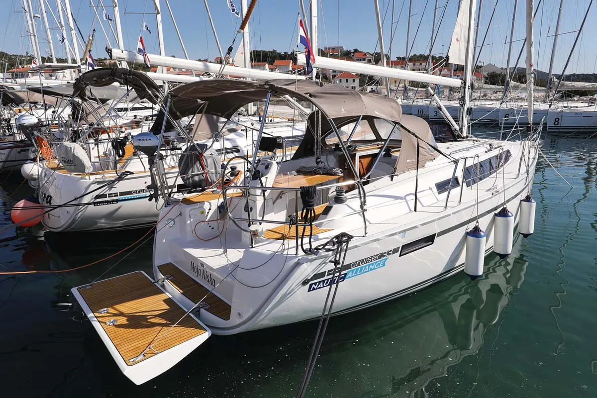 Exterior view of Moja Niska, a Bavaria Cruiser 33 sailboat at Murter, Croatia