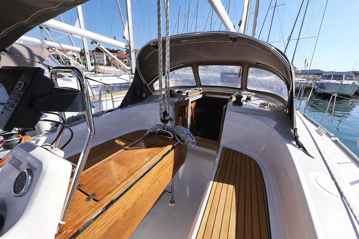Cockpit of Moja Niska, a Bavaria Cruiser 33 sailboat at Murter, Croatia