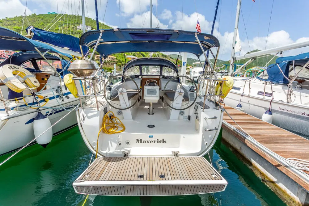 Deck of Maverick, a Bavaria 34 sailboat at Road Town, British Virgin Islands