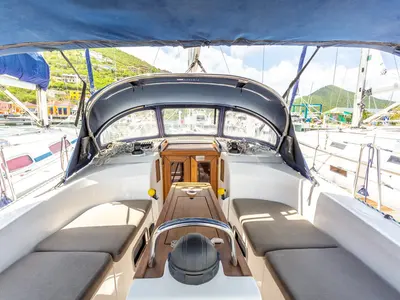 Cockpit of Maverick, a Bavaria 34 sailboat at Road Town, British Virgin Islands