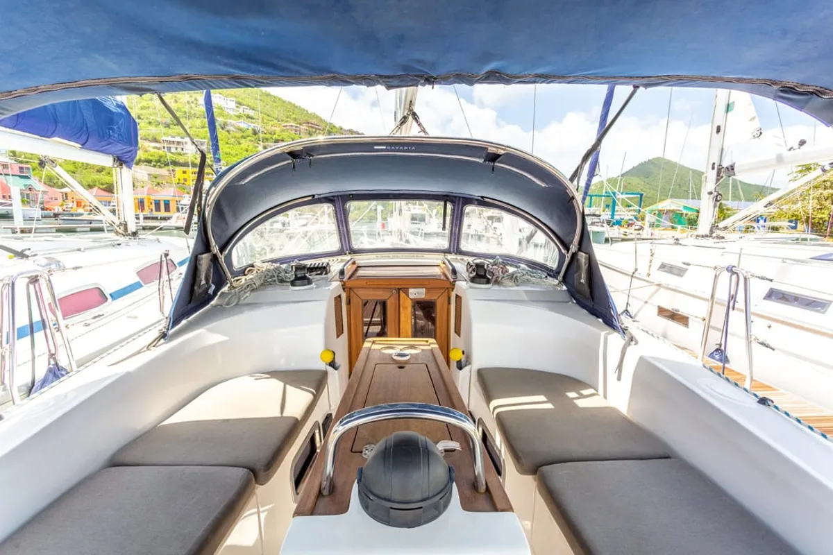 Cockpit of Maverick, a Bavaria 34 sailboat at Road Town, British Virgin Islands