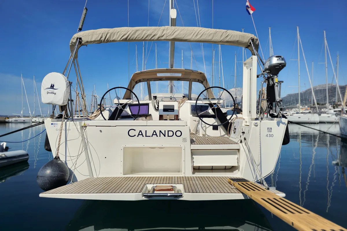 Exterior view of Calando, a Dufour 430 GL sailboat at Kaštela, Croatia