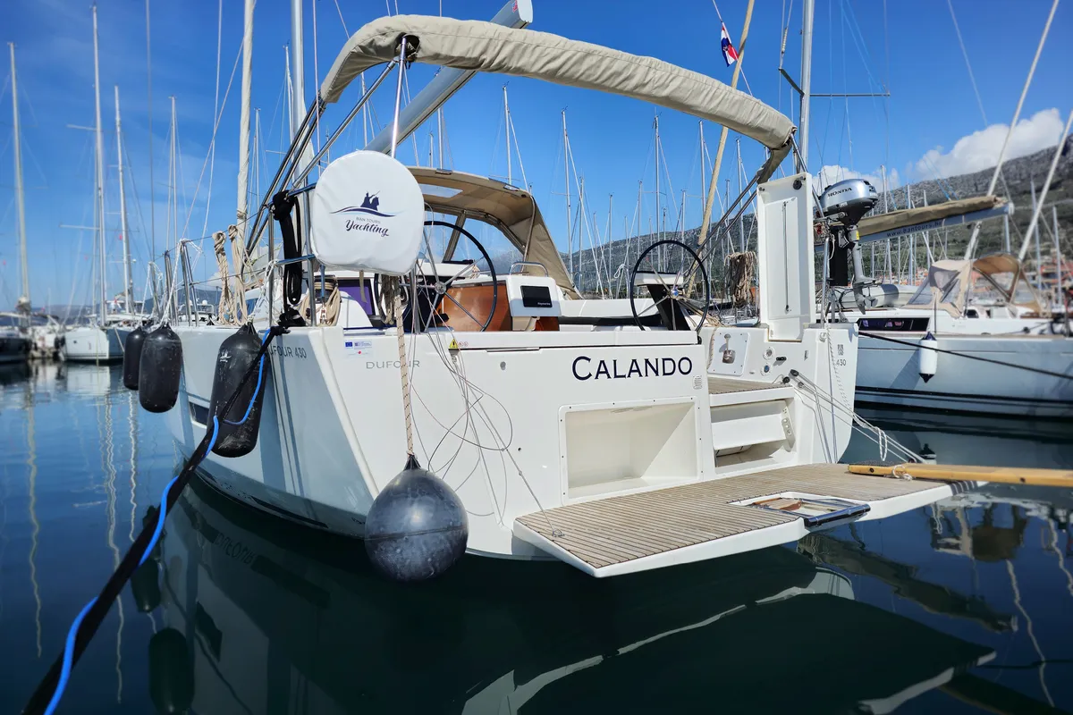 Exterior view of Calando, a Dufour 430 GL sailboat at Kaštela, Croatia